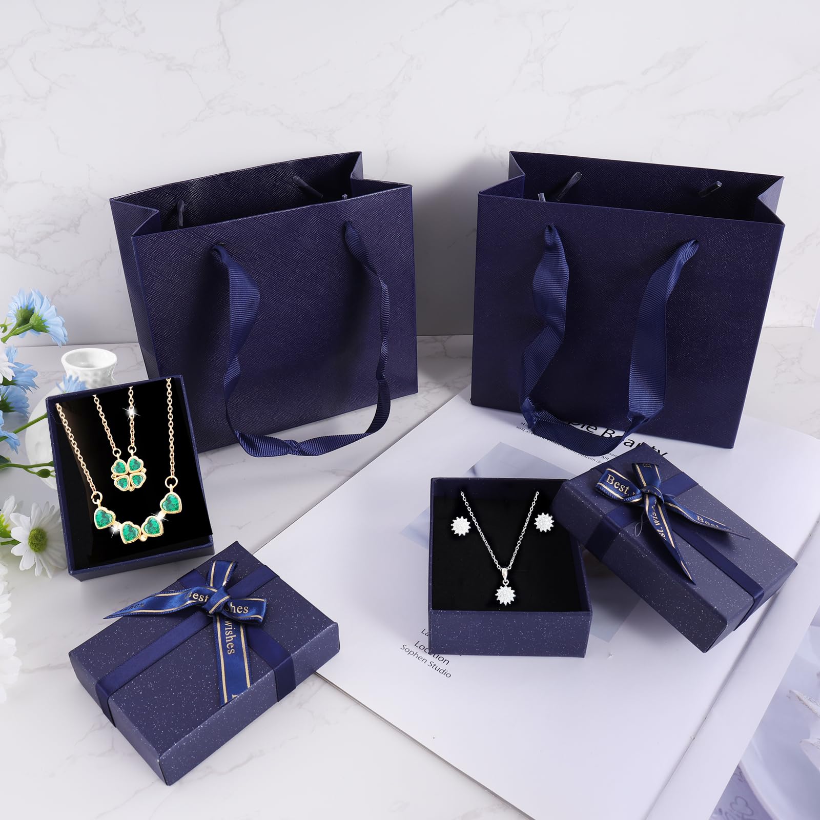 2 Stück Schmuckschatullen Mit Geschenkbeutel - 9x7x3cm Jewelry Box Dunkelblau