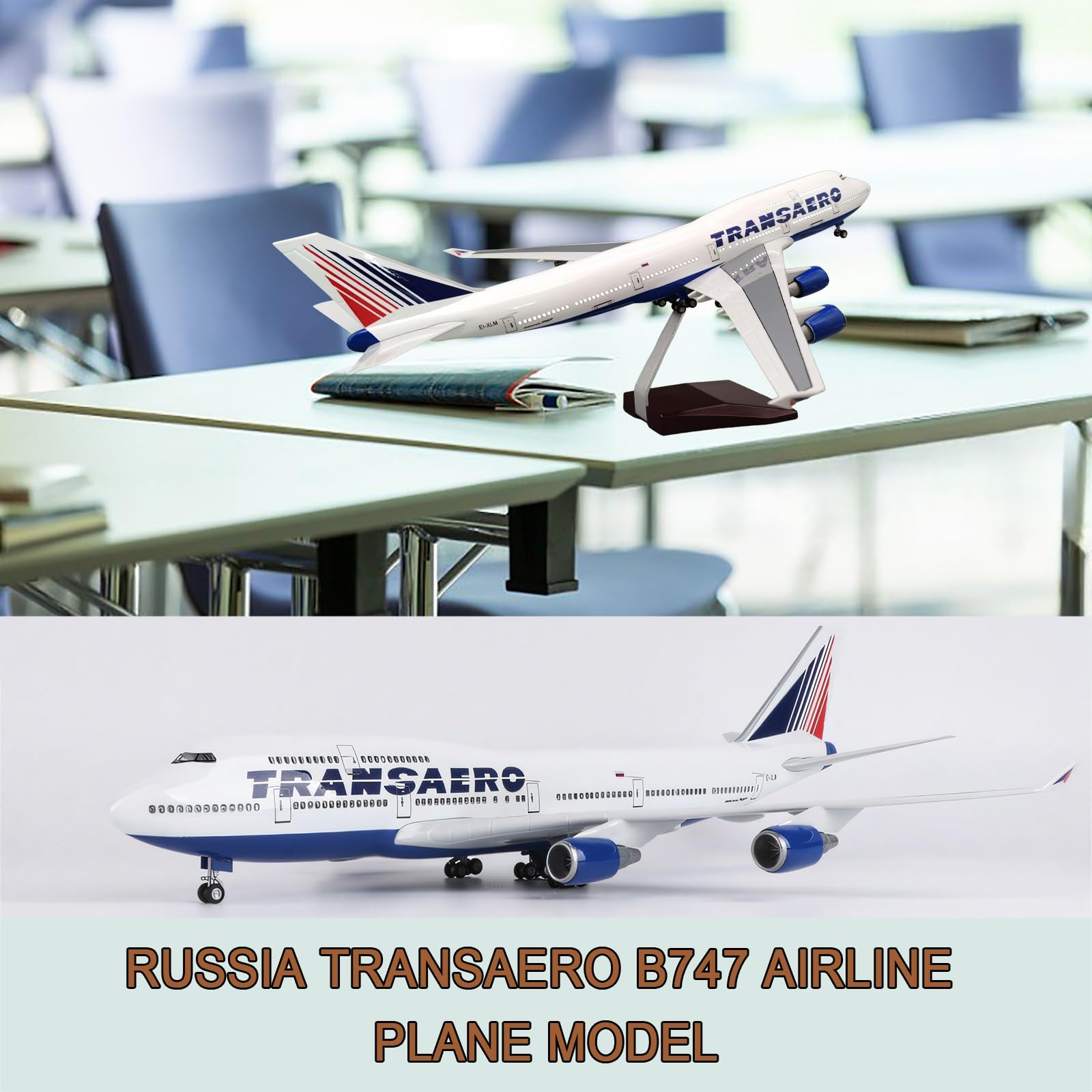 47CM 1:150 Russia Transaero Airlines B747 modello di aereo aereo macchina for pressofusione con luce e carrello di atterraggio ruote for appassionati aviazione, arredamento(With light)