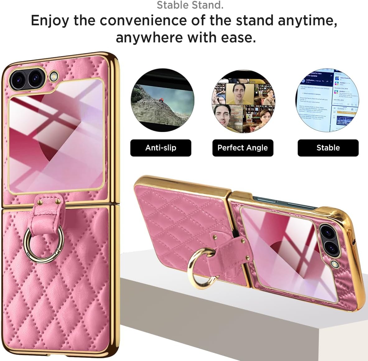 Miimall Luxury fit for Samsung Z Flip 7 FE/Flip 6 Case with Ring, Screen Protector Light-Weight Shockproof Anti-Slip Dust-Proof Leather Phone Cases for Samsung Galaxy Z Flip 6 /Flip 7 FE Woman,Pink