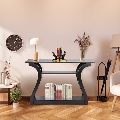 Miniatura 2 de Smartxchoices Mesa consola de madera con patas curvas y 2 estantes de almacenamiento abiertos, mesa de sofá mesa de entrada estrecha, mesa auxiliar