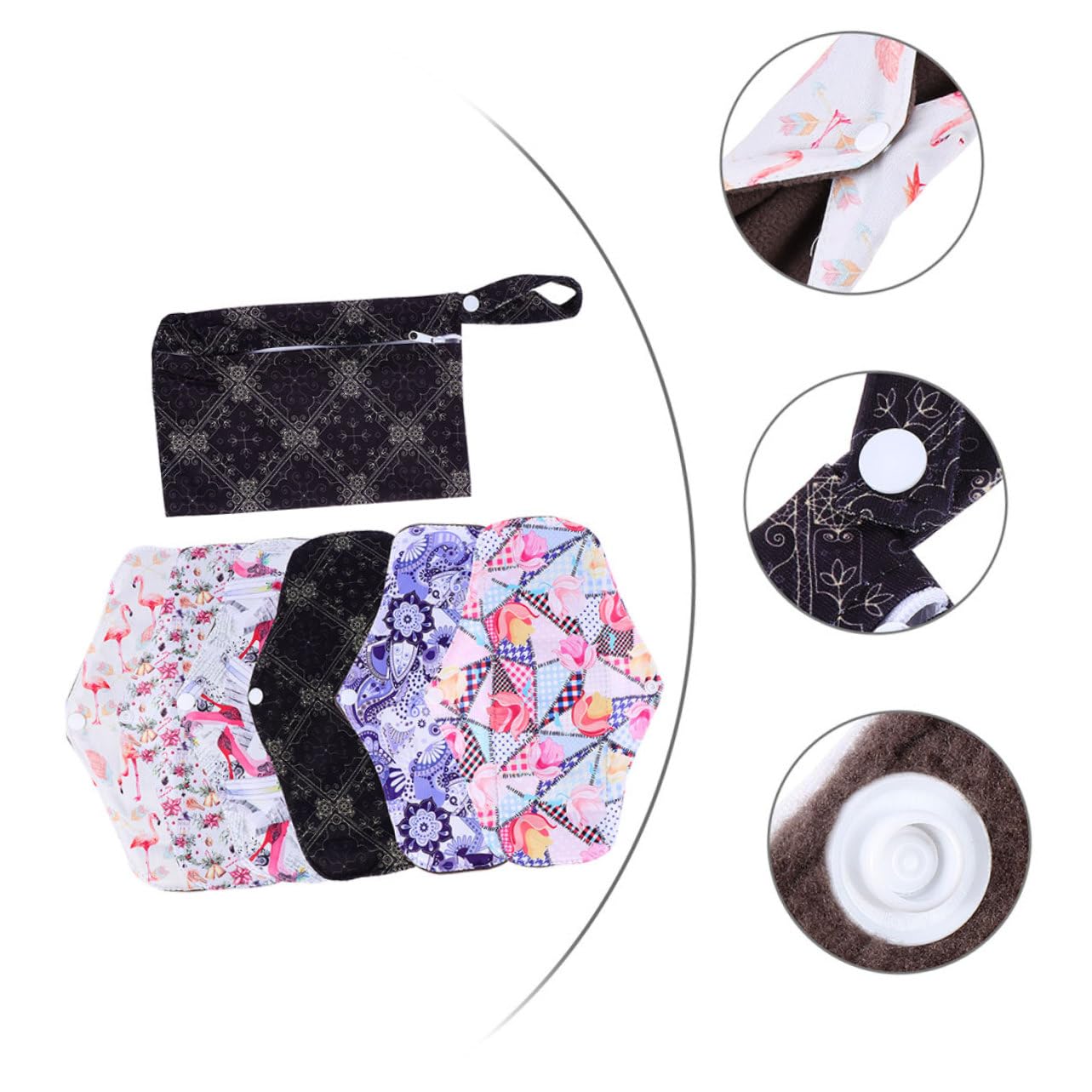 Compresas Higiénicas Lavables 7 Piezas Carbón de Bambú M | Alas y Broches de Fijación, Reutilizable E, Uso Nocturno, para Exterior y Viaje Estilo Aleatorio