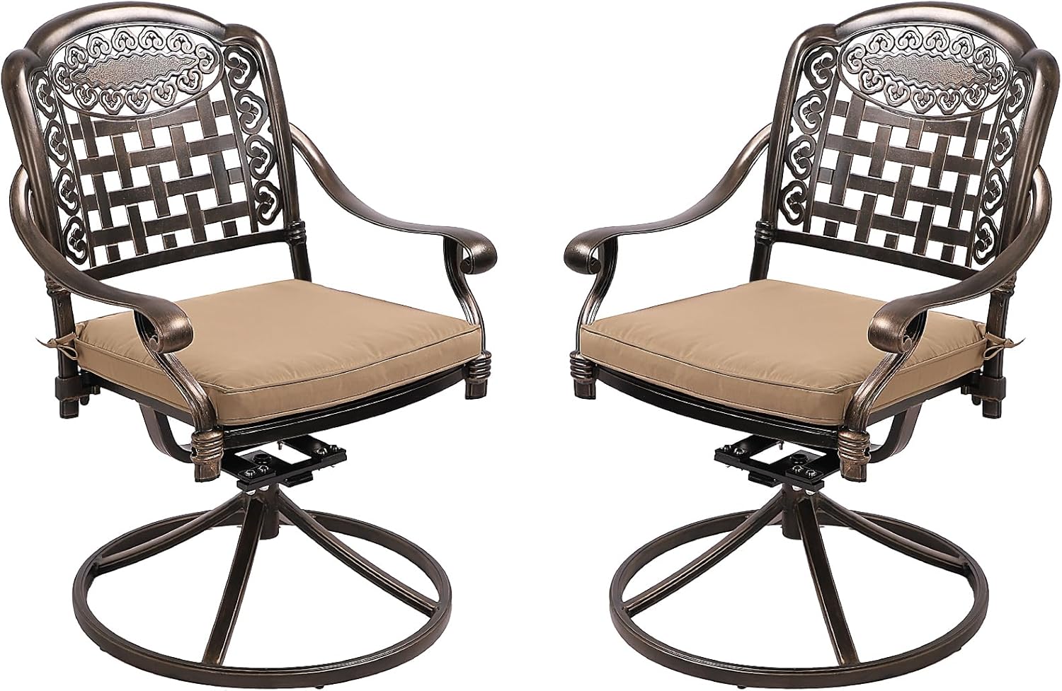 MAGIC UNION 2 Pieces Patio Dining Chairs, Outdoor Cast Aluminum Swivel Chairs with Armrest, Patio Bistro Rocking Chair Set of 2 for Garden, Backyard, Deck (2pc F- Swivel Chair with Khaki Cushion)