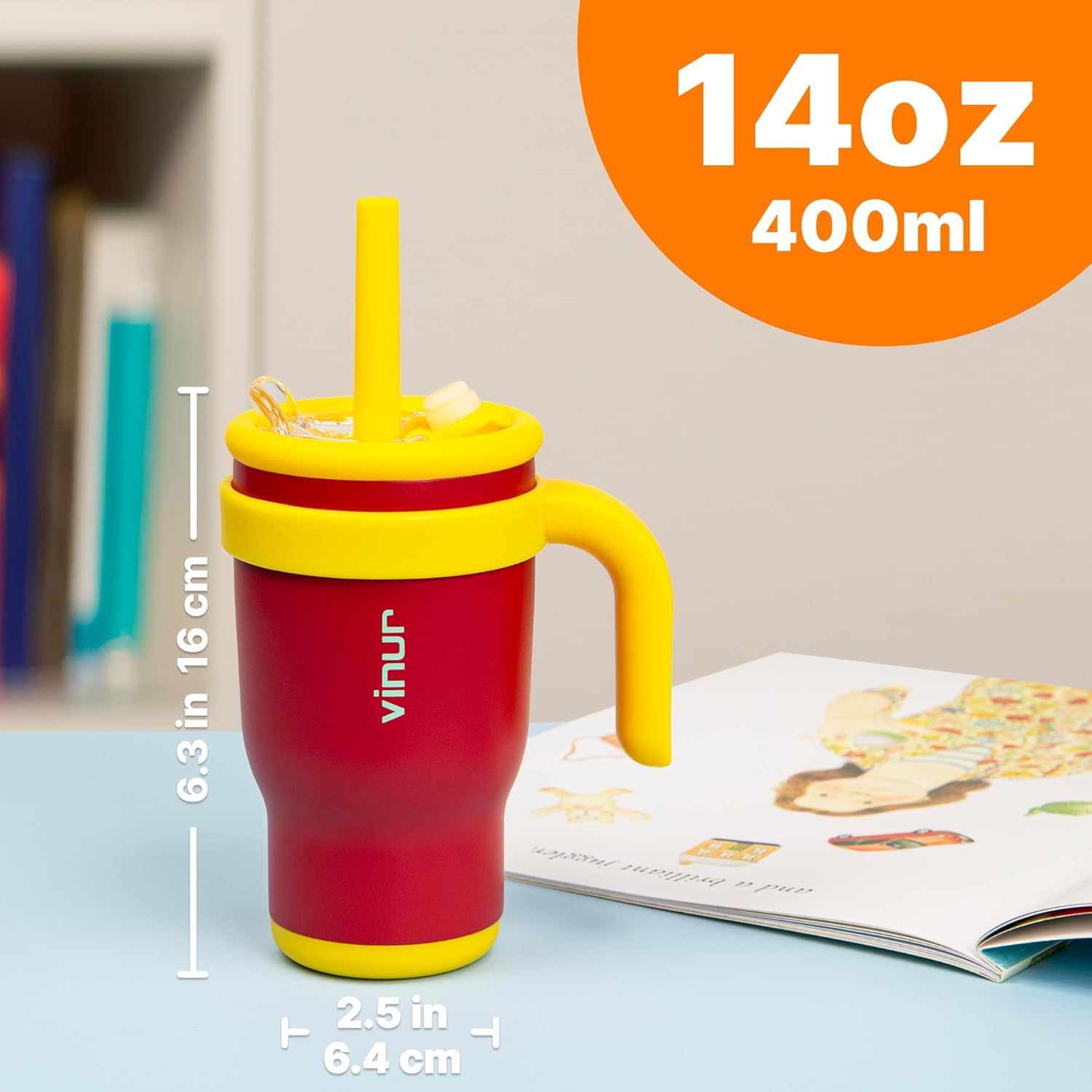 VINUR Kids 14 oz Tumbler with Handle and Straw Lid | Leak Resistant | Reusable Stainless Steel Insulated Tumbler Travel Water Mug with Rubber Base-Cup Holder Friendly, Canyon Red - Image 4