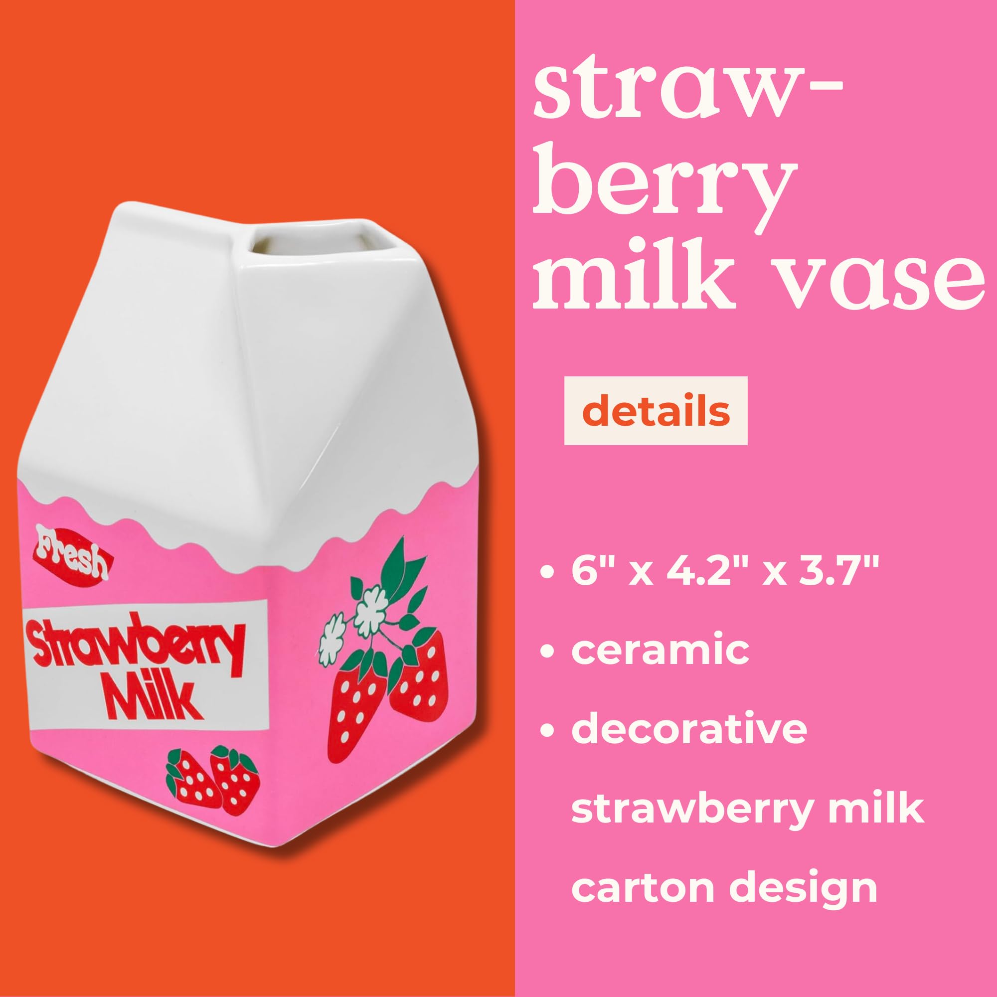 ban.do Vintage Carton Inspired Rise and Shine Decorative Mini Ceramic Vase, Unique Home/Kitchen/Office Accent, Strawberry Milk - Image 3