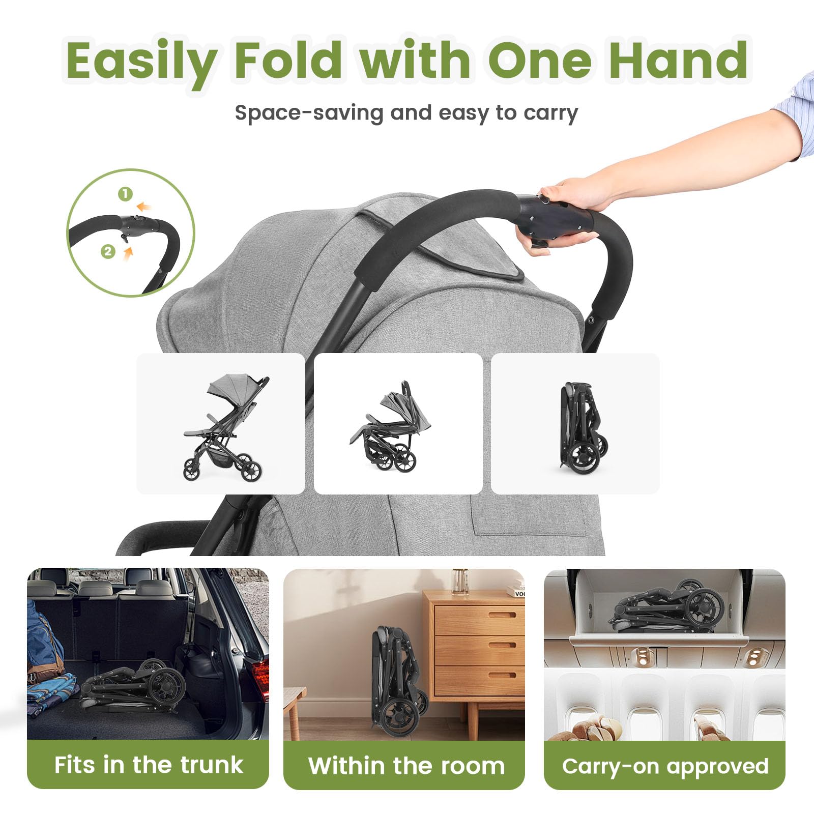 Faltbar Kinder-Buggy Kinderwagen, Regulierbarer 5-Punkt-Sicherheitsgurt, Zusammenklappen mit einer Hand, großes Verdeck, Robuster alle 4 Räder gedämpft, geräumige Sitz, Einkaufskorb (Grau)