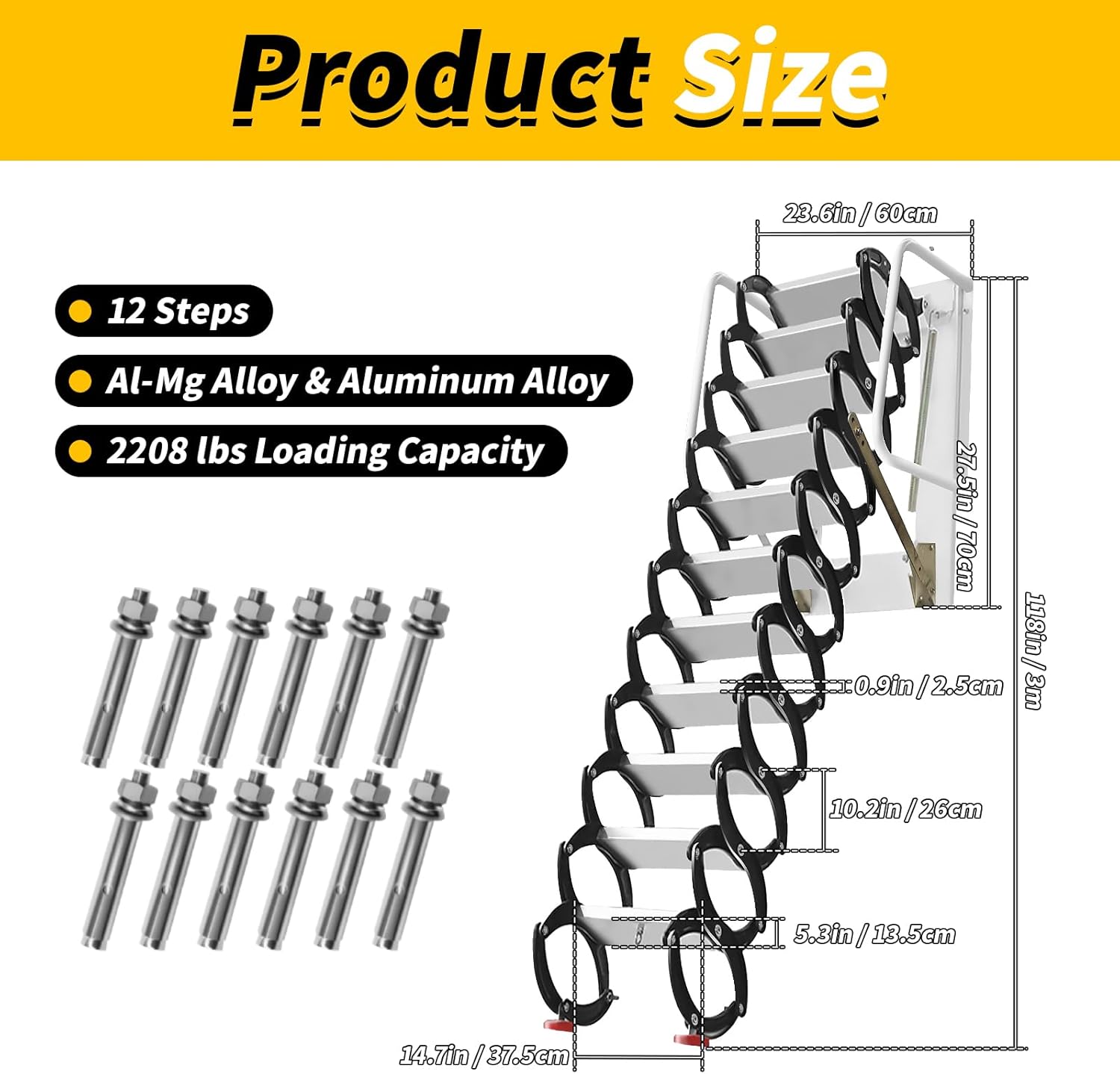 RQR 12FT Attic Ladder Pull Down System, 12-Step Al-Mg Alloy Collapsible Ladder Pull Down Attic Stairs, 882LBS Capacity Foldable Loft Stairs with Armrests Mounted Walls, Black