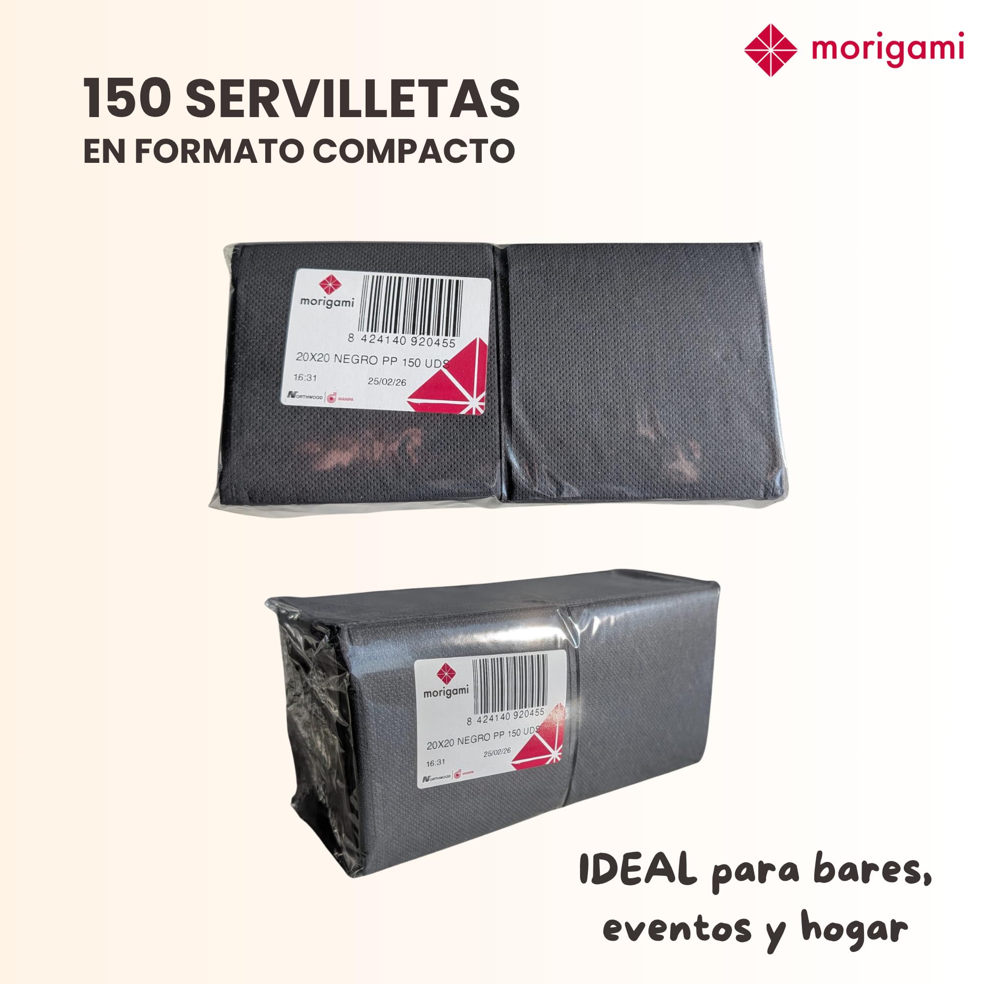 Servilleta de Papel Tamaño Cocktail, Pliegue 1/4, Punta Punta, 150 servilletas, Negro