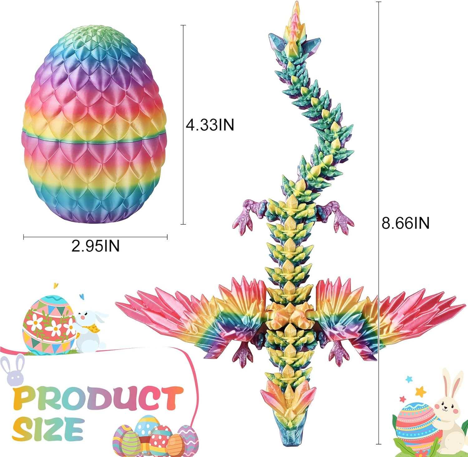 3D Printed Dragon with Wings and Eggs: Flexible Crystal Dragon Toy for Desk Decor, Sensory Fidget Toy for Kids & Adults, Unique Easter Basket Stuffers& Birthday Gift（Rainbow）