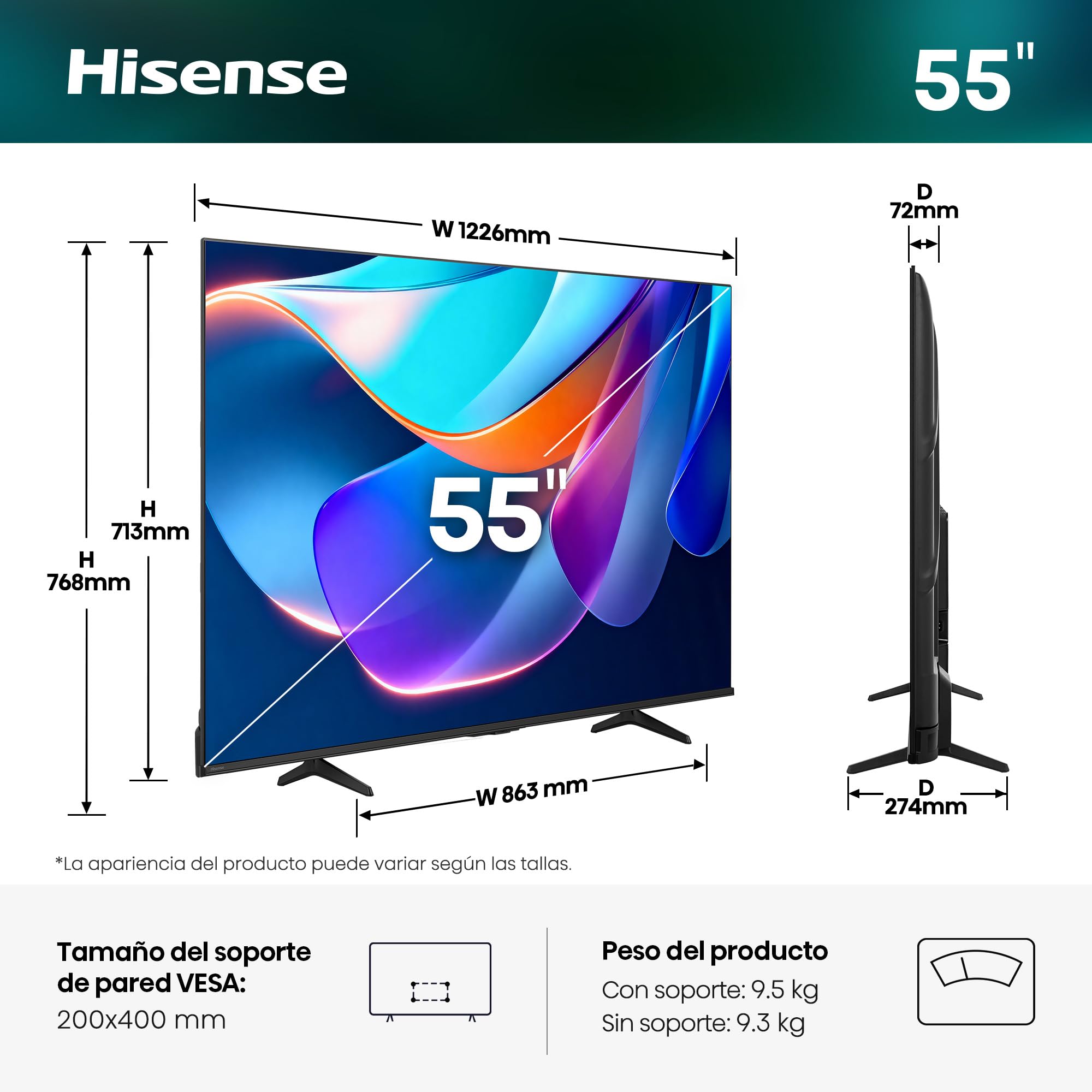 Hisense 55A6S - UHD 4K Smart TV 55 Pulgadas, Escalador IA 4K, Smooth Motion IA, Modo Juego Plus, Dolby Vision, Control por Voz, Filmmaker Mode, Airplay