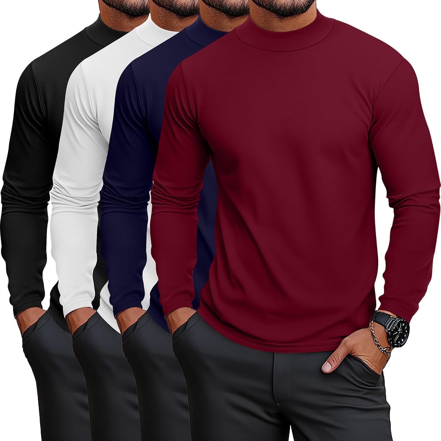 Neer 4 Pack Men's Mock Neck Shirts, Long Sleeve Turtleneck Pullover Tops Slim Fit Casual T Shirts Lightweight Basic Sweaters