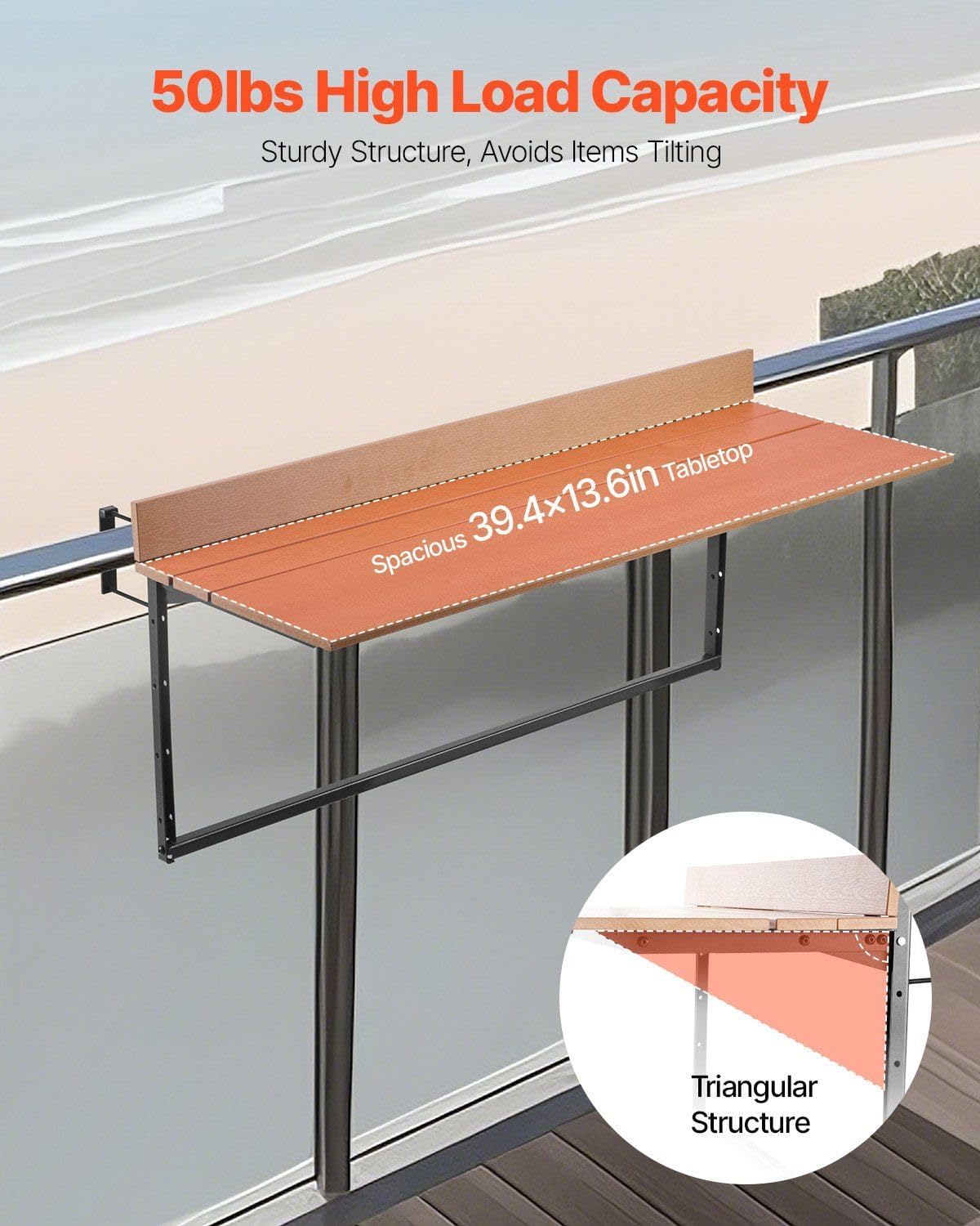 Balcony Hanging Table 15x39 Inch,5-Level Adjustable Folding Railing Table with 50LBS Capacity,Outdoor Balcony Bar Desk for Railings 1-5.3 inch