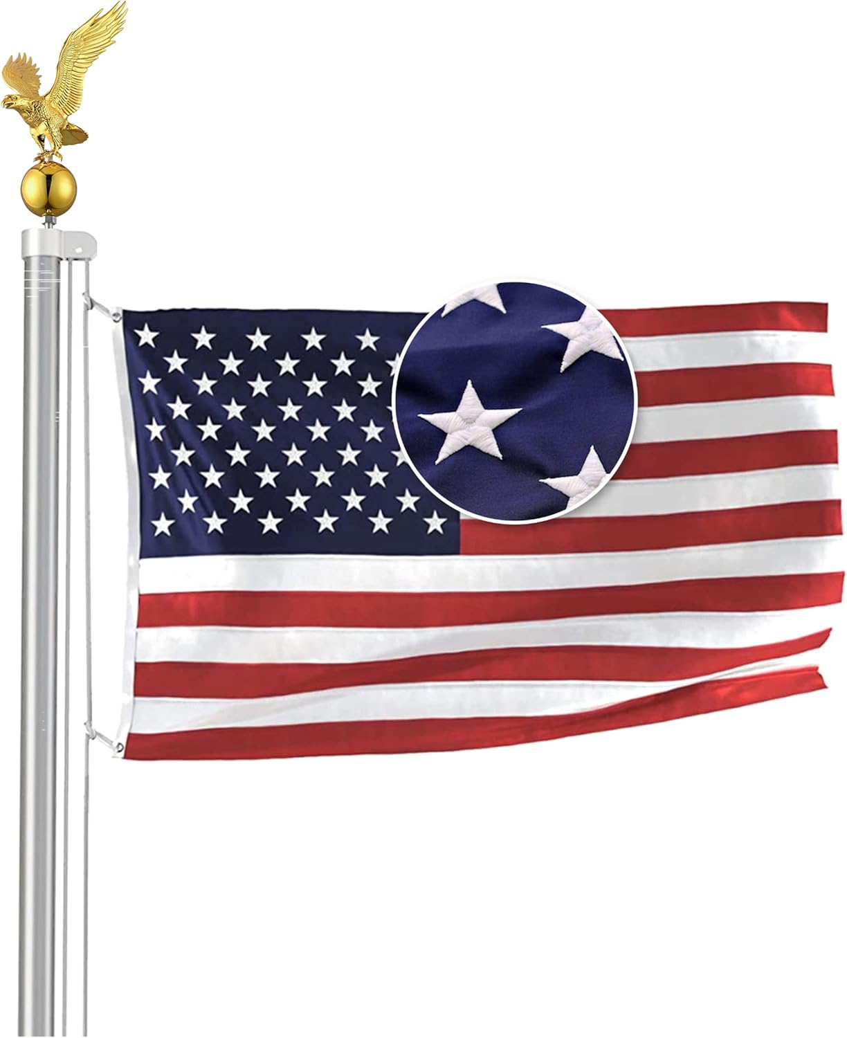 15 FT Heavy Duty 14 Gauge Tapered Commercial Flagpole Outdoor Sectional Residential Flag pole Gold Eagle Top Windstrong 3x5 US Nylon Flag Sewn Stars Stripes Hardware for holding two Flags included