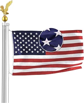 20 FT Heavy Duty 14 Gauge Tapered Commercial Flagpole Outdoor Sectional Residential Flag pole Gold Eagle Top Windstrong 4x6 US Nylon Flag Sewn Stars Stripes Hardware for holding two Flags included