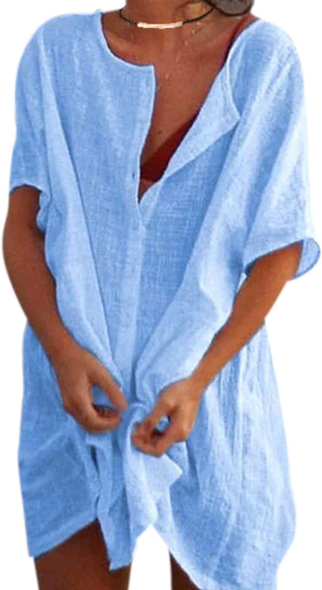Womens Short Sleeve Linen Tops Casual V-Neck Button-Down Blouse Long Shirts Loose Plus Size Tunic