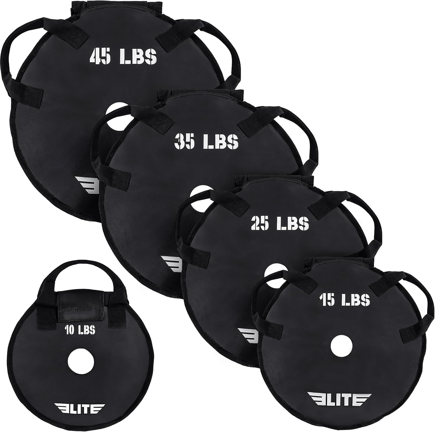 Elite Sports UNFILLED Workout Sand Plates (Set of 2) – EMPTY Fillable Olympic Weight Plates for Barbell Training – Drop-Proof Waterproof TPU – 10/15/25/35/45 LB Options – Strength, CrossFit, Home Gym & Functional Fitness