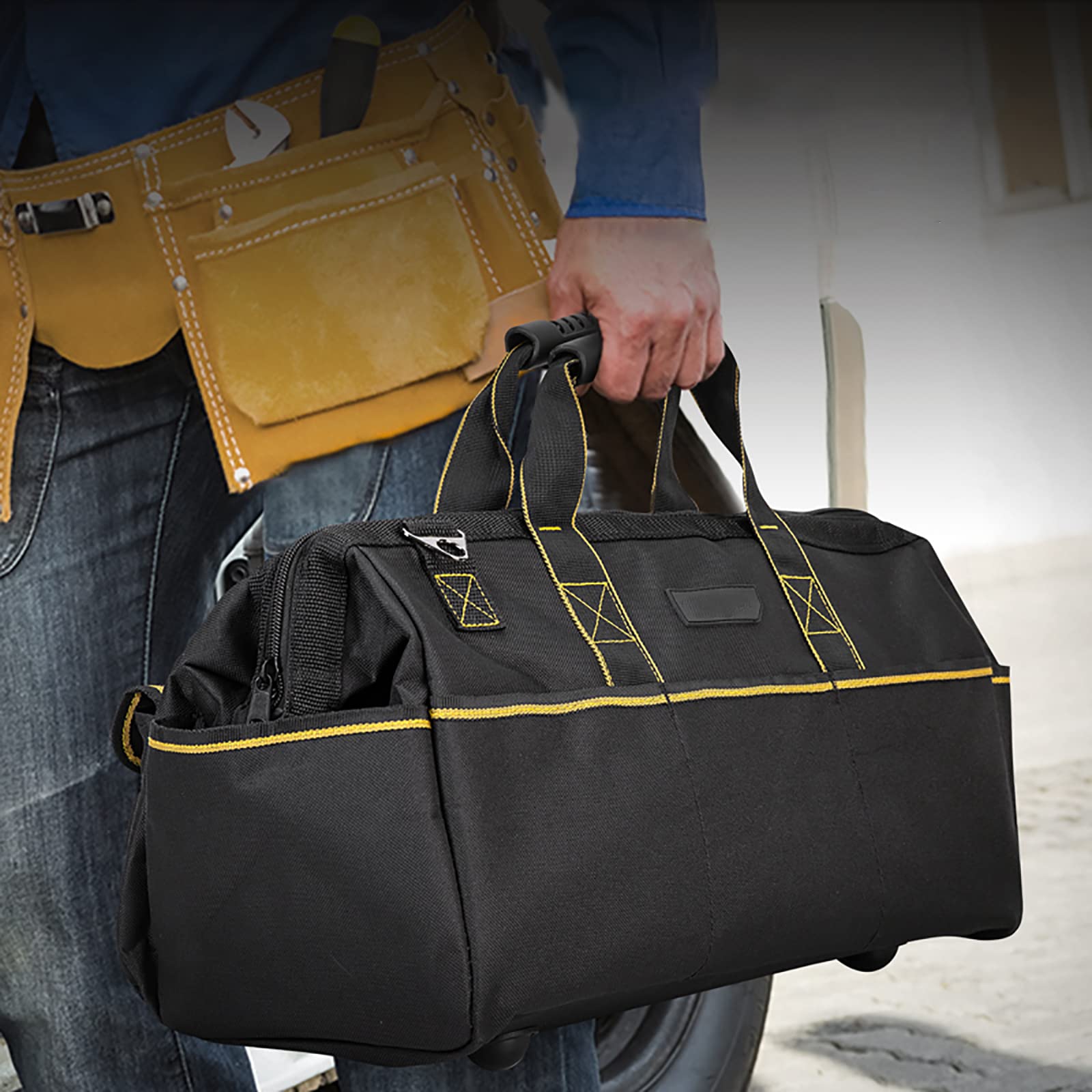 Borsa Porta attrezzi,Multi-tasca Borsa lavoro,Borsa Attrezzi organizer per impieghi gravosi resistente all'abrasione a bocca larga per elettricisti, carpentieri, addetti alla manutenzione