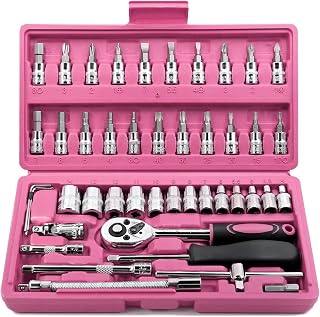 Egofine 46 Pieces 1/4 inch Drive Socket Ratchet Wrench Set, with Bit Socket Set Metric and Extension Bar for Auto Repairing and Household, with Pink Storage Case