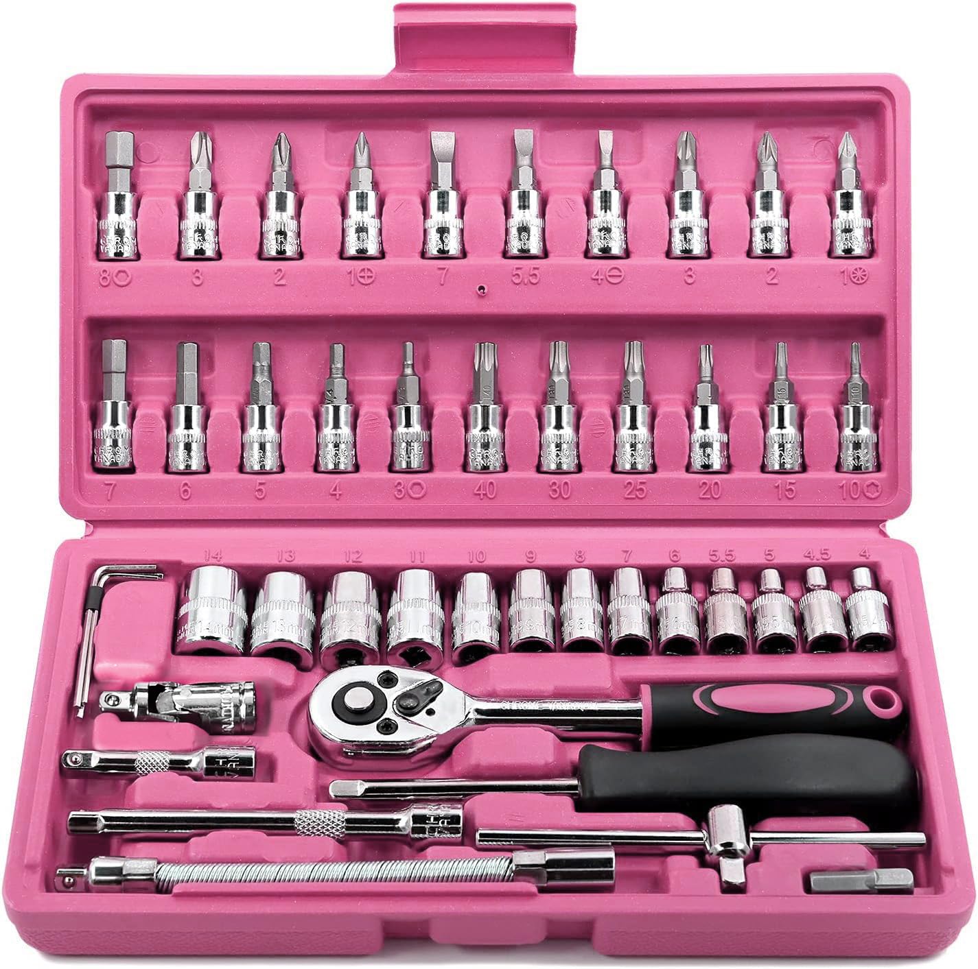 EGOFINE 46 Pieces 1/4 inch Drive Socket Ratchet Wrench Set, with Bit Socket Set Metric and Extension Bar for Auto Repairing and Household, with Pink Storage Case