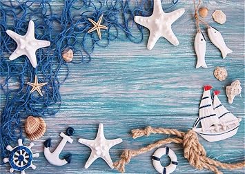 Nautical Ocean Backdrop 7x5ftBlue Wood Board with Starfish Sailboat Fishing Net Background for Photography Summer Beach Luau Party Baby Shower Birthday Photo Booth Decorations