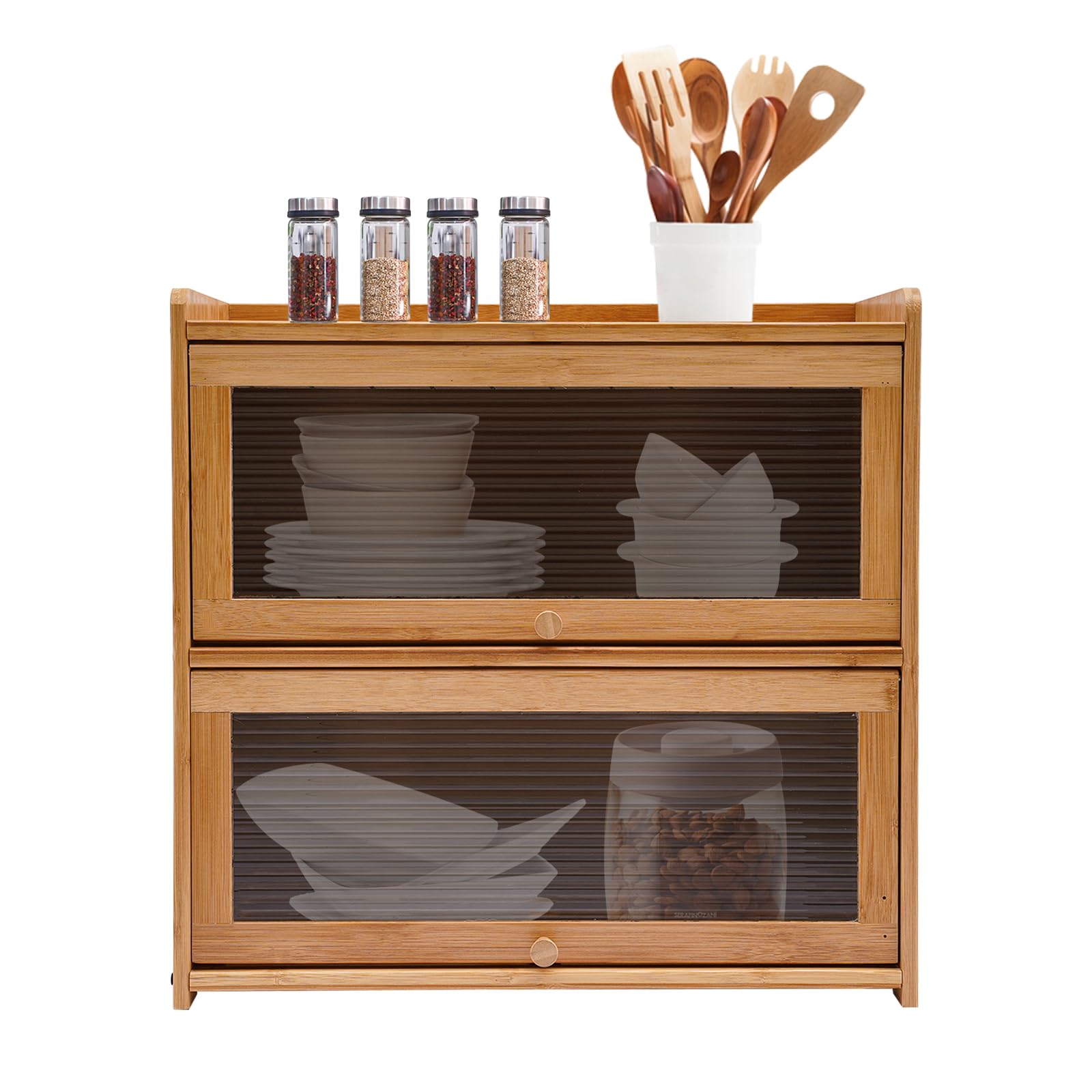 2 Tiers Small Bamboo Kitchen Pantry Sideboard Cabinet with 2 Glass Doors Freestanding Kitchen Countertop Shelf Home Organizer Storage Cabinet for Cups