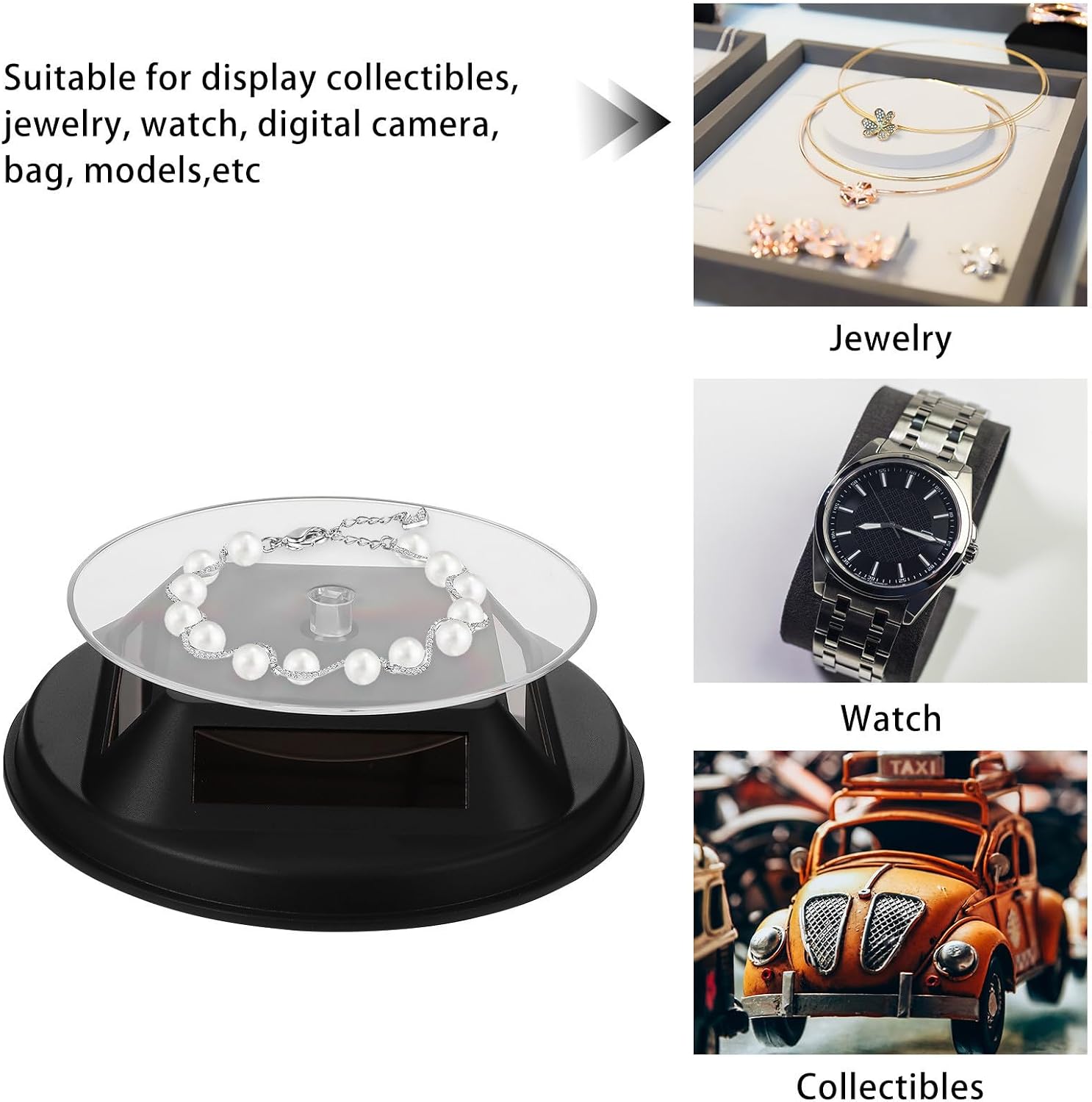 KICHOUSE 360 Degree Rotating Display Stand Solar Powered for Watch Bag Shop