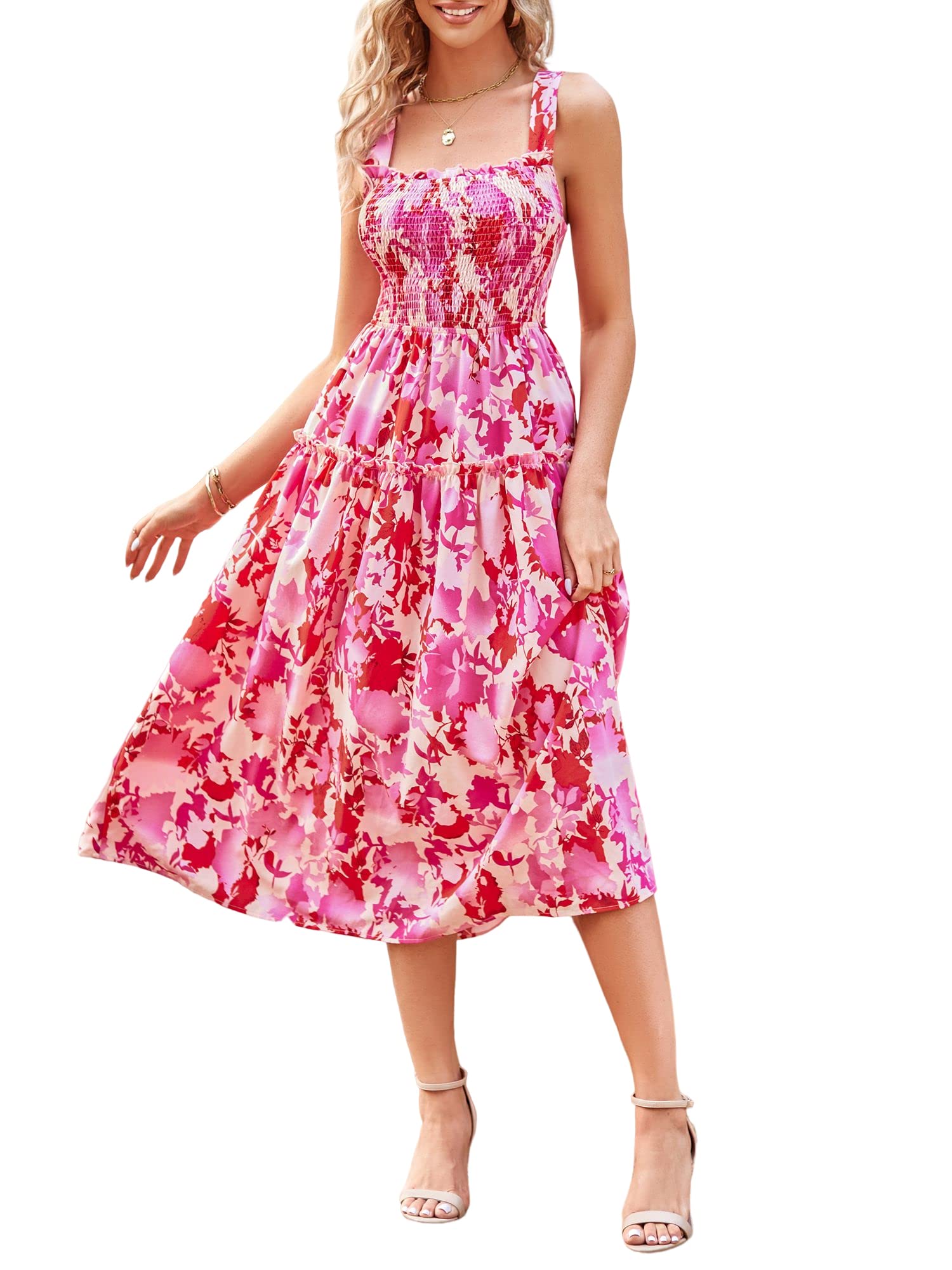 ZAFULWomen's Summer Maxi Dress Boho Floral Casual Ruffle Smocked Halter Backless Knot Long Flowy Beach Sun Dress