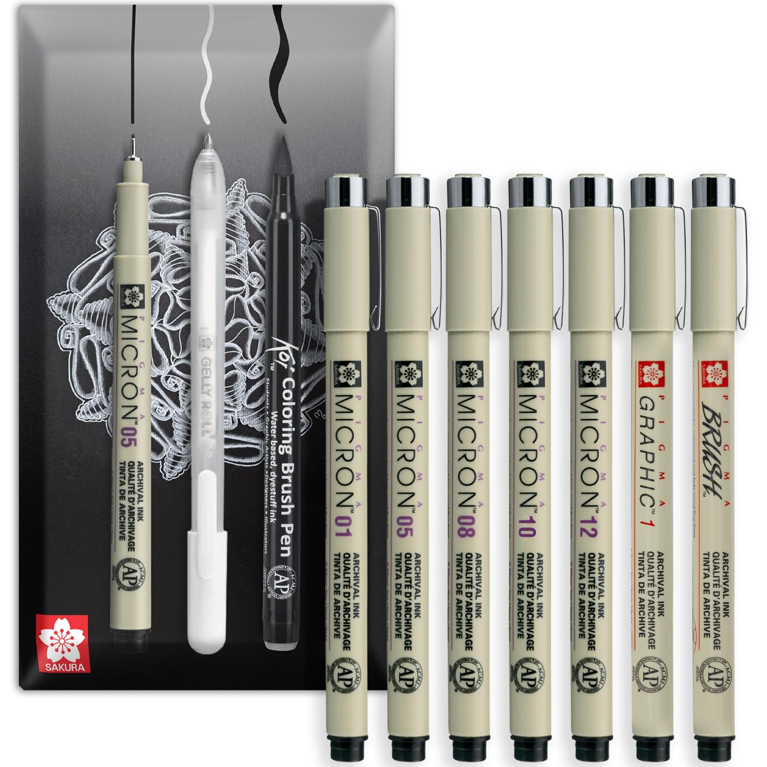 Pigma Micron - Pigment Fineliner Pens - 01//05/08/10/12/Graphic/Brush - Wallet of 7 - Black Ink