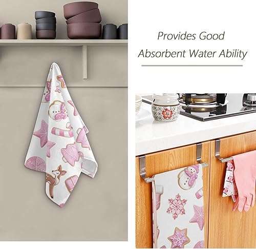 Miniatura 3 de VIGTRO Paquete de 2 toallas de mano de pan de jengibre de Navidad acuarela, toalla de cocina de galletas de Navidad color rosa, ultra suave y