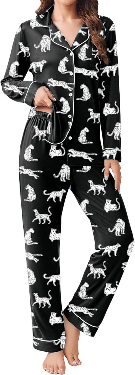 Ekouaer Womens Pajamas Set 2 Piece Button Down Pjs Soft Long Sleeve Top and Pants Sleepwear Set Lounge Sets