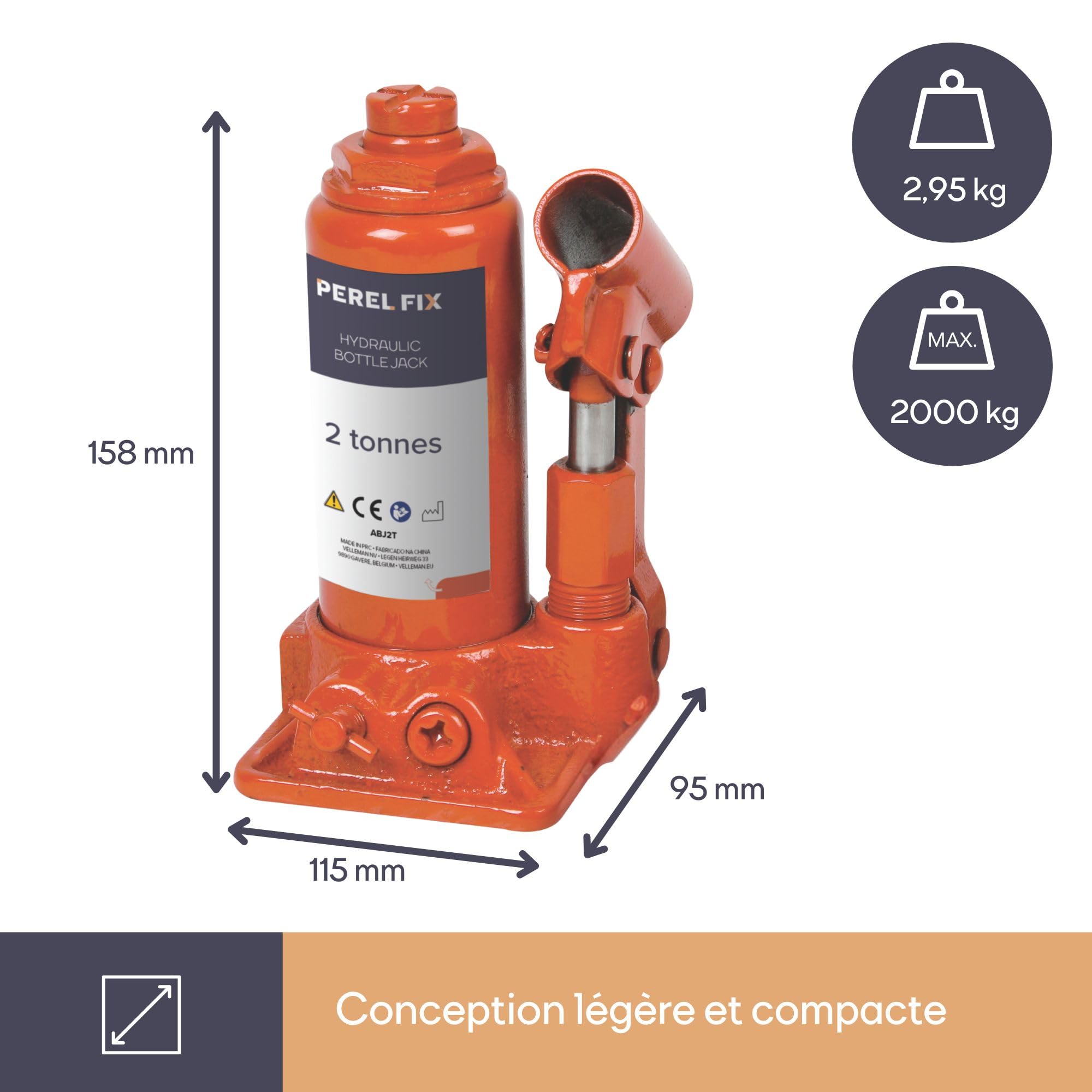 Perel Cric hydraulique Bouteille 2 tonnes (2000 kg), cric Auto Compact en Acier, Hauteur 158-308 mm, pour Voiture, Utilitaire, Caravane et remorque, idéal Garage et Atelier
