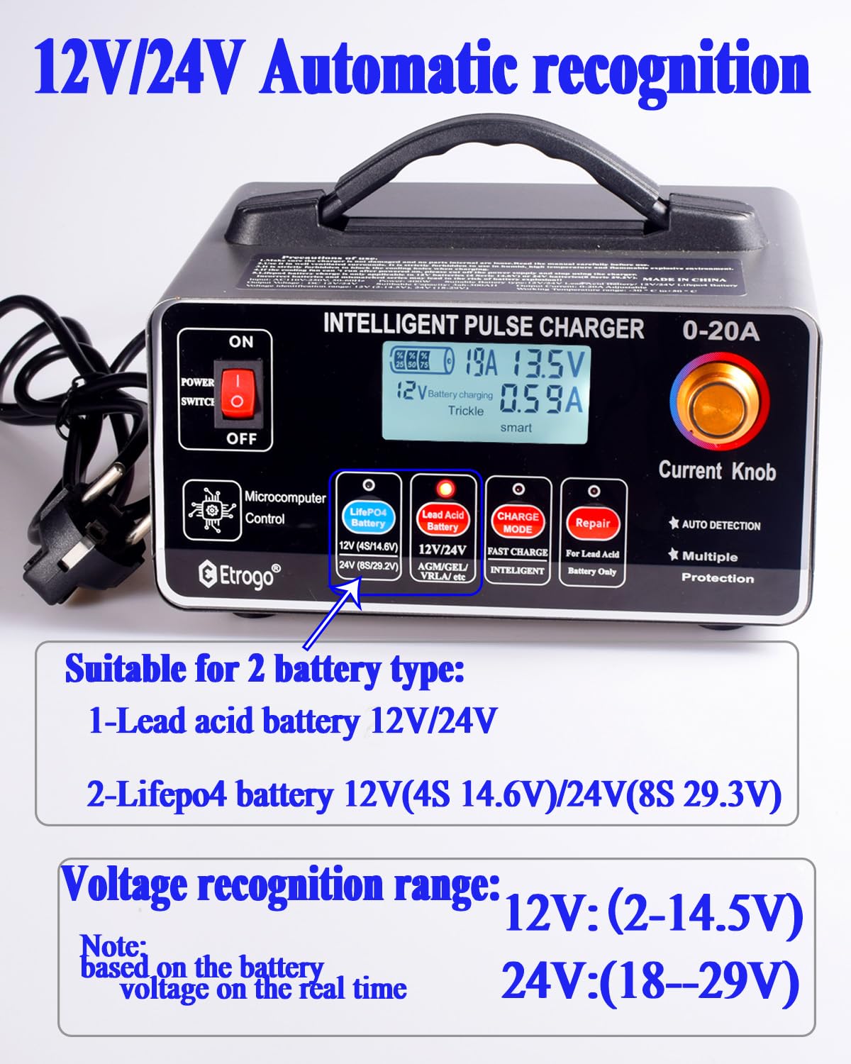 Caricabatteria Per Batterie Al Piombo 12V/24V 10A - Automatico, Con Display LED