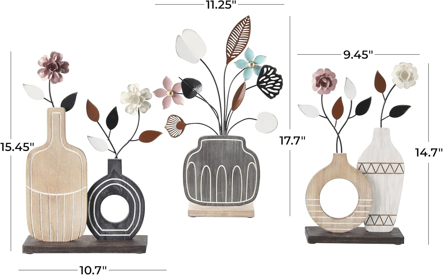 Deco 79 Wooden Floral Decorative Sculpture Patterned Vase Home Decor Statues with Metal Accents, Set of 3 Accent Figurines 18", 15", 15"H, Multi Colored
