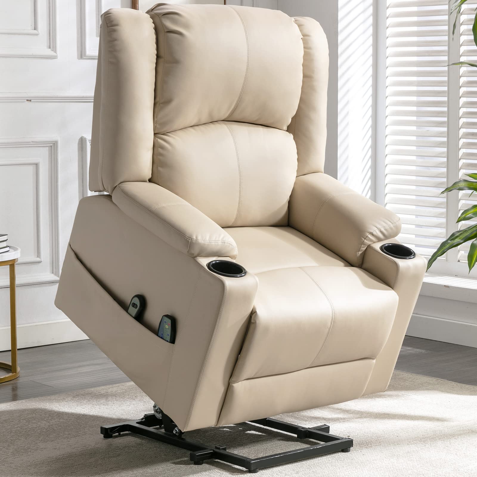COMHOMA Fauteuil Électrique Relax Massage et Relaxation Aide à Debout - Dossier Réglable, Pédales Rétractables, 2 Porte-gobelets - Beige/Blanc pour Personnes Âgées