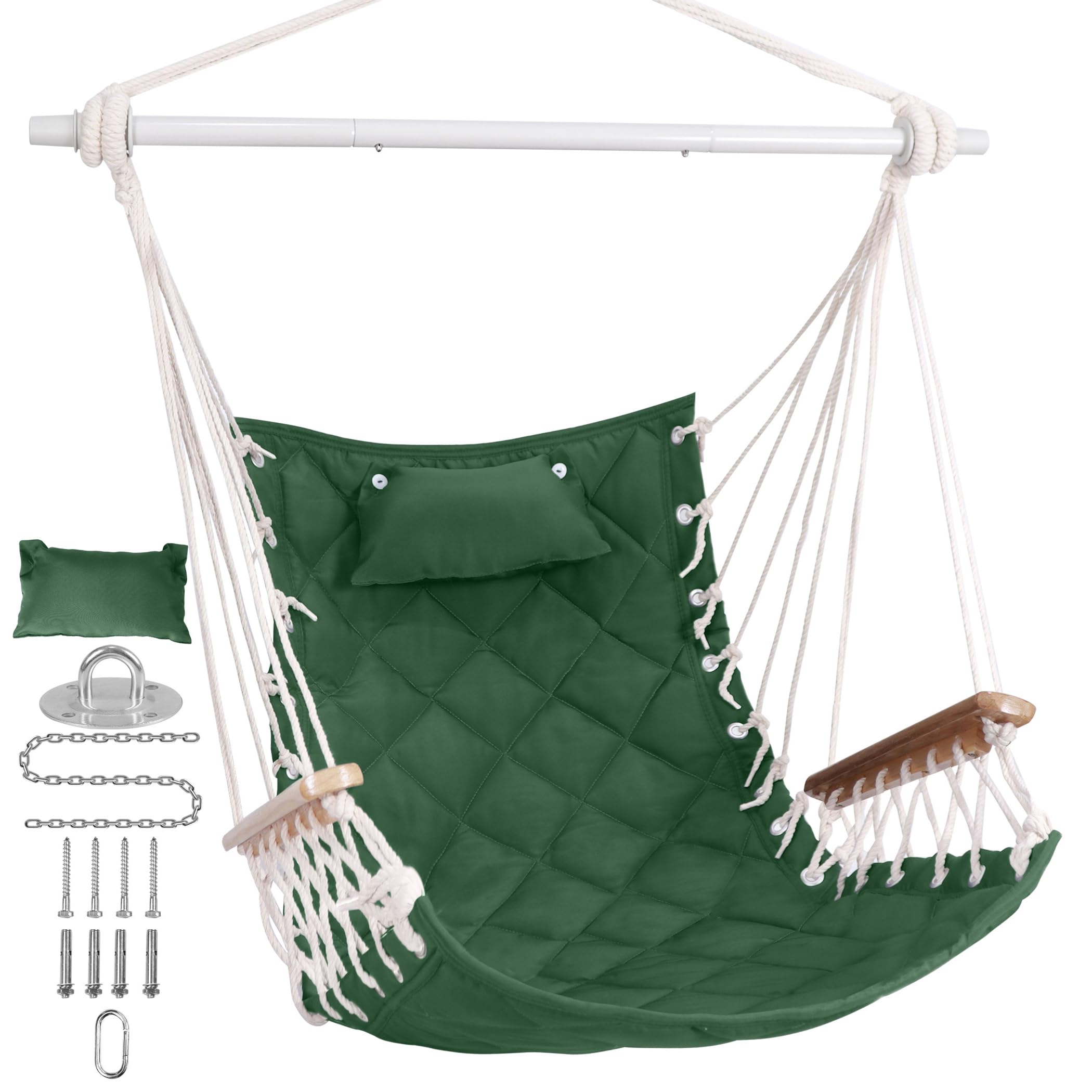 SUNWAY Hammock Chair with Wooden Armrest & Pillow - 350Lbs Capacity Indoor/Outdoor Hanging Swing Chair with Spreader Bar, Includes Full Hanging Kit for Patio, Bedroom, Porch;Green