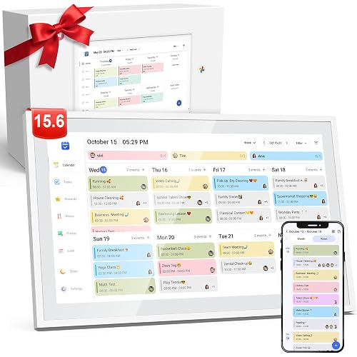 Digital Calendar, 15.6" Electronic Calendar For Wall, 1080P IPS Touchscreen Smart Family Planner& Chore Chart, Two - Way Sync With Phones Supports All Google Play Apps, Wall/Desk Mountable