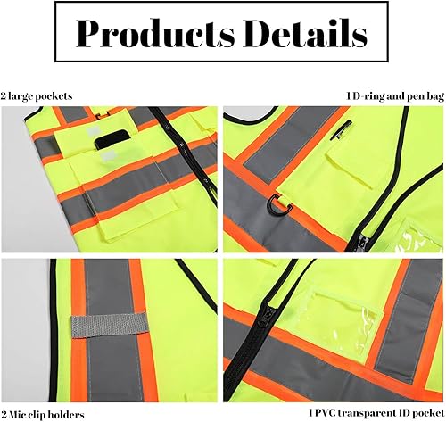 Miniatura 2 de Chaleco de seguridad reflectante de alta visibilidad con 5 bolsillos y cremallera clase 2 para adultos, unisex, ropa de trabajo de seguridad para la