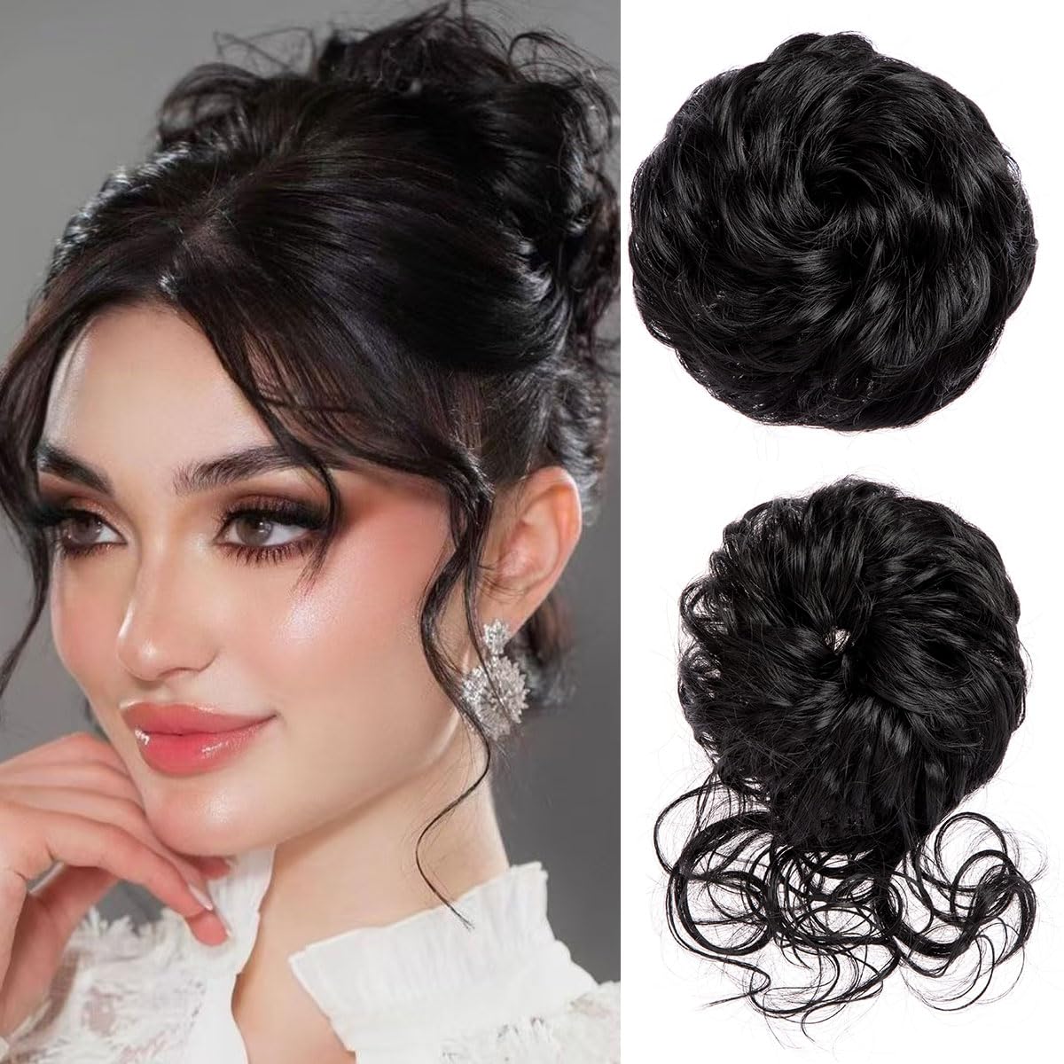 2 Stück unordentliches Dutt-Haarteil für Hochsteckfrisuren, elastisches Haarteil für Damen, synthetisches Haarknoten, Donut-Zubehör (natürliches Schwarz)