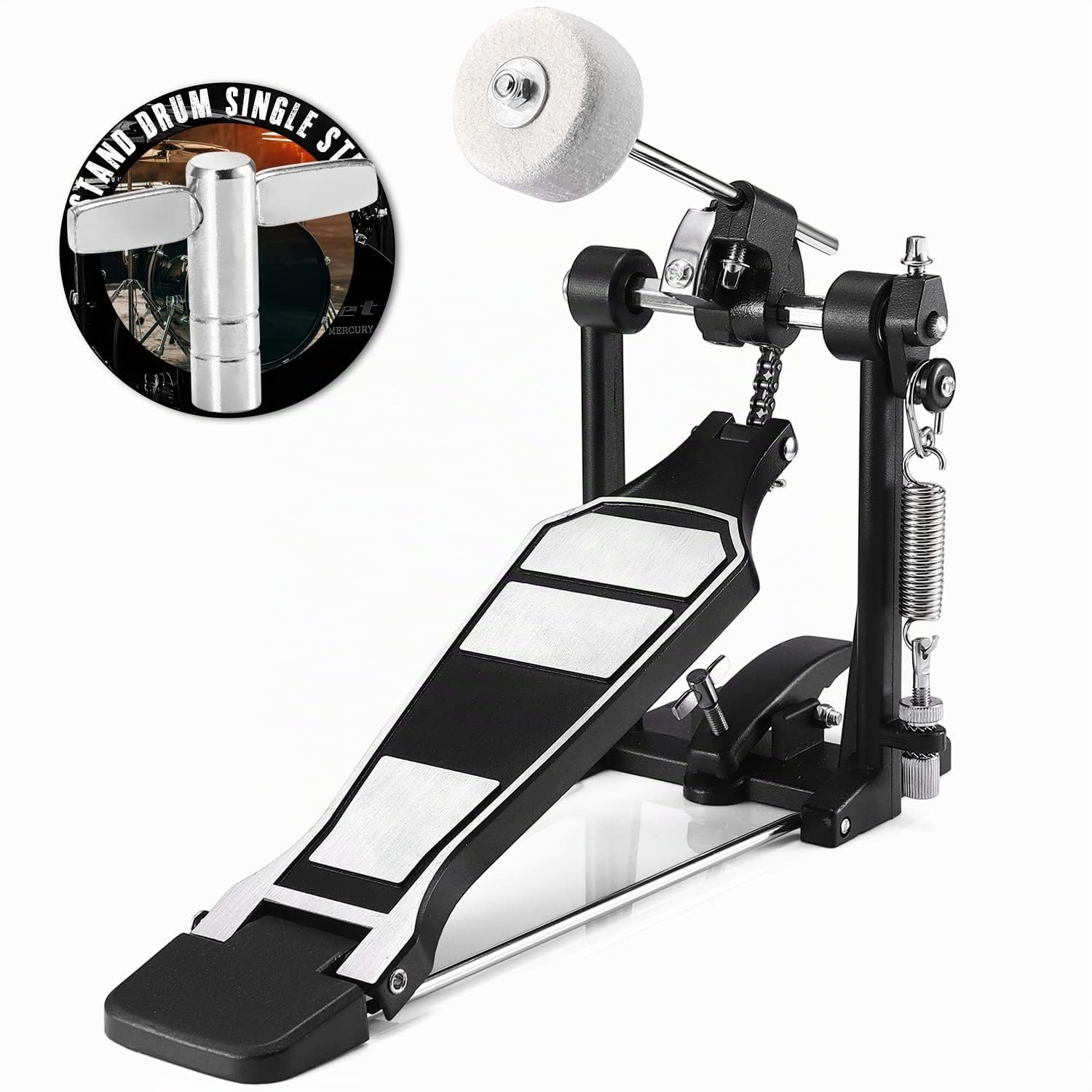 Facmogu Single Kick Bass Drum Pedal, Kick Drum Pedal mit Classic Felt Beater Stick & Key für Foot Percussion Set Instrument, Single-Chain Heavy-duty für Anfänger & Pro Drummers