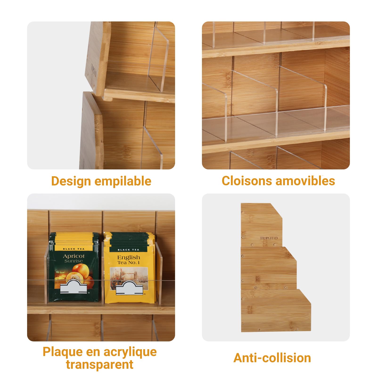 TIOPGHAD Organiseur de sachets de thé empilable à 3 couches en bambou pour sachets de thé, boîtes à thé, boîtes à thé, support pour armoire, comptoir, bureau (design breveté)