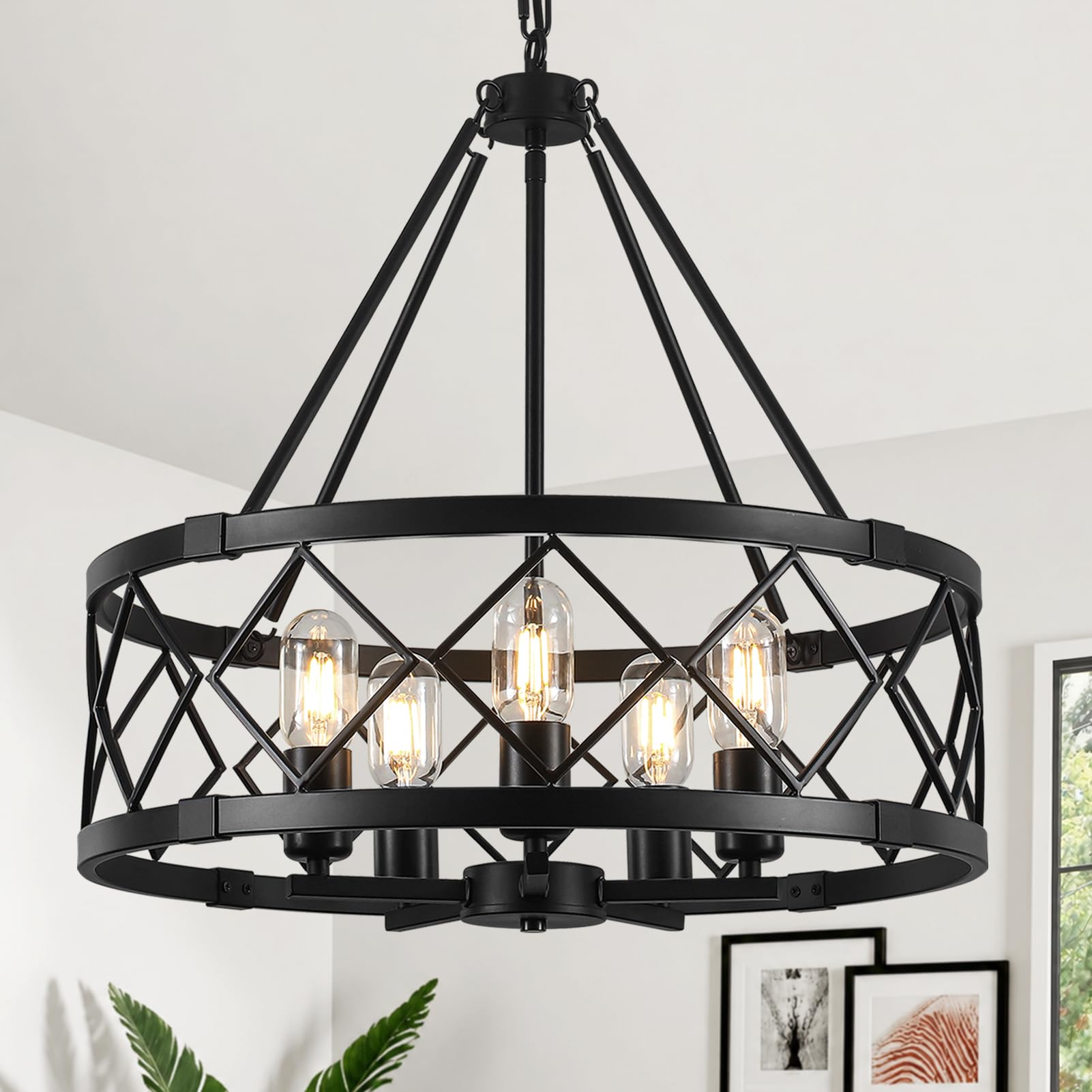 View 1 of 20'' Black Farmhouse Chandelier, 5-Light Rustic Drum Chandeliers for Dining Room Light Fixture, Matte Metal Round Cage Hanging Lighting Fixtures Chandelier for Foyer, Entry, Living Room, Kitchen