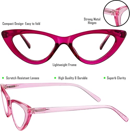 Miniatura 4 de Yogo Vision Gafas de lectura 5 unidades para mujer, lentes de ojo de gato y marco de bisagra de resorte ligero +3.25