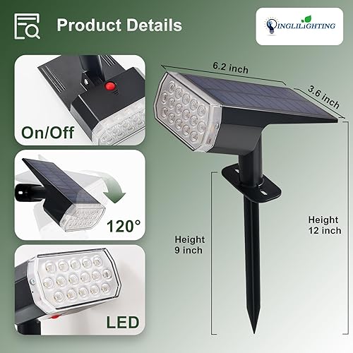 Miniatura 9 de DINGLILIGHTING Luces solares impermeables para exteriores IP65 LED Spot Light Decoraciones para jardín - 3 modos de iluminación alimentados por