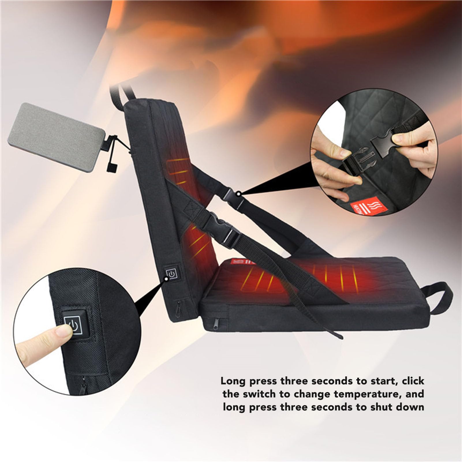 Asixxsix Portable Folding Heated Seat Cushion, USB Powered Adjustable Pad Heated Memory Foam Backrest Cushion for Winter, Outdoor, Stadium