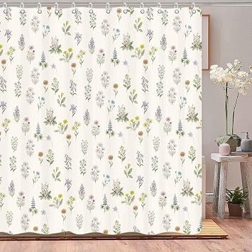 Cute Farmhouse Floral Shower Curtain Boho French Country Plant Leaves Fabric Cloth Shower Curtains for Bathroom Waterproof Polyester Fabric 72x72 Inch Yellow