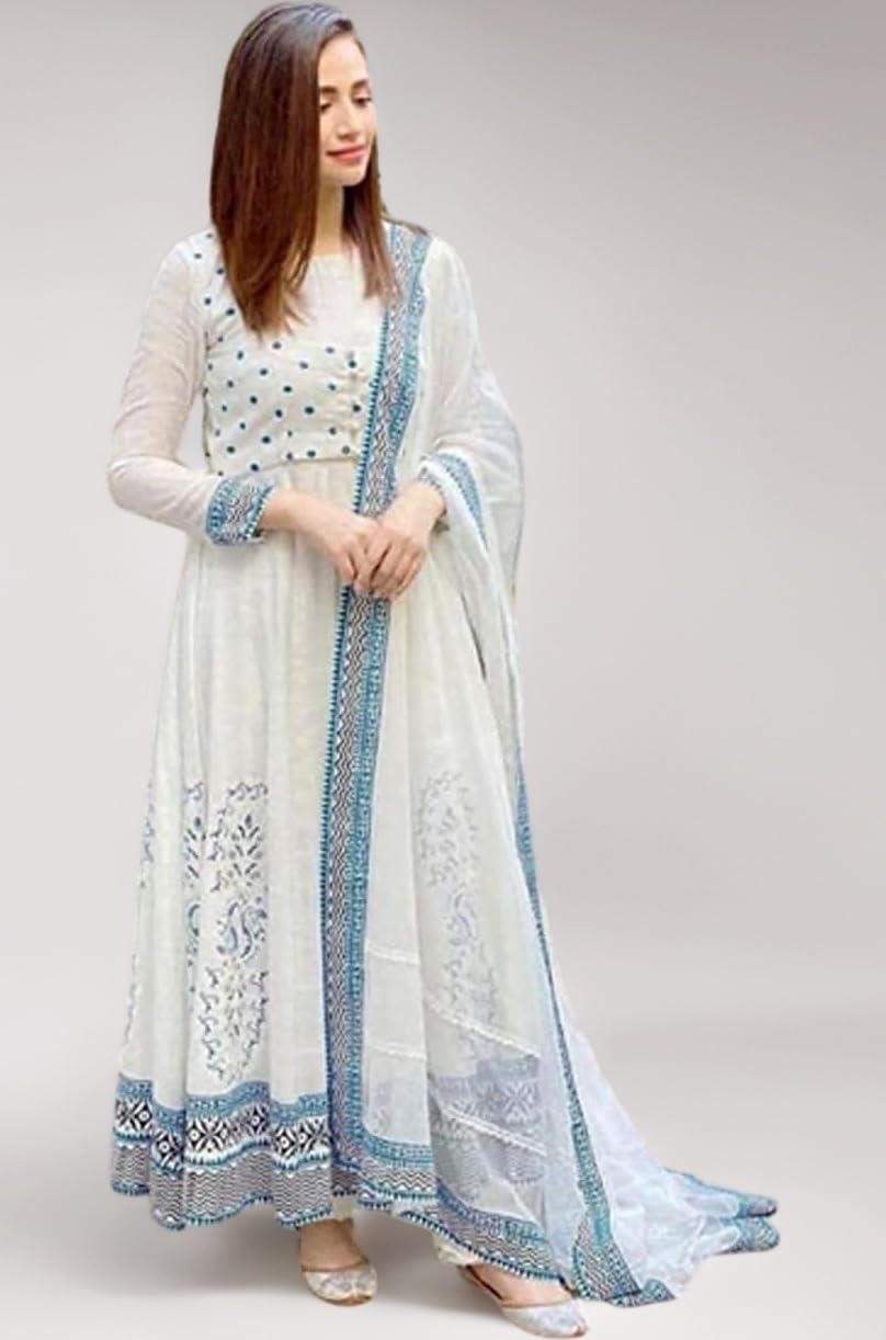 Kurta Set for Women Women's Anarkali Regular Wear Crepe Kurta with Dupatta Party Dress (White)-P