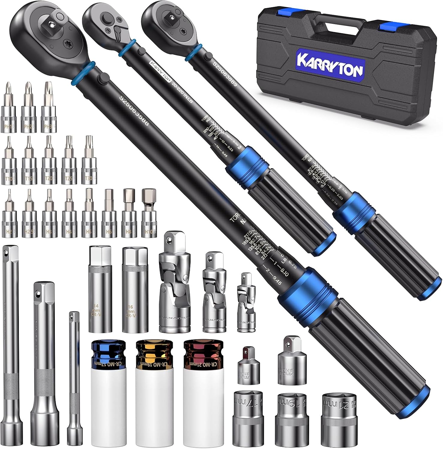 35pc Torque Wrench Set 1/4 3/8 1/2-Inch Drive, CR-MO/72-Tooth/Dual Scale ±3% Accuracy Click Torque Wrenches w/Adapters for Auto, Bike, Motor