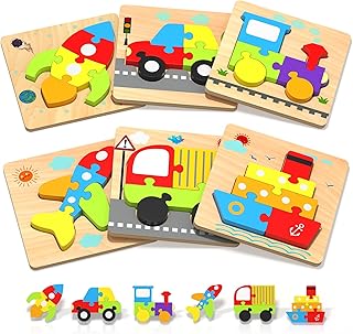 Wooden Puzzles Toddler Toys for 1 2 3 Years Old Boys Girls, 6 Vehicle Shape Learning Educational Blocks Birthday Gifts Sensory Toy Montessori Toys Age 1-3, 2-4