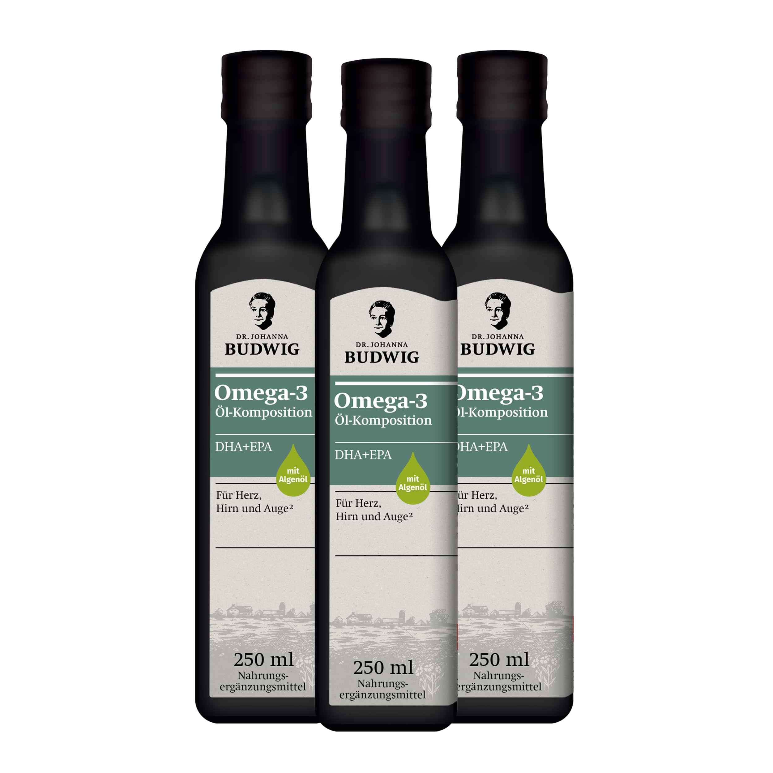 Dr. Budwig Omega-3 DHA+EPA Öl Pur (3x 250 ml) – pflanzliches ALA – 97% Bio-Zutaten – 7,8 g Omega-3 pro Tagesportion – vegan