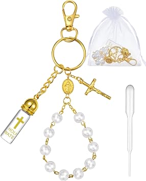 Blushtier Holy Water Bottle Keychain with Rosary Beads Crucifix, Christian Gift for Women Men Catholic Party FavorGold,Classic