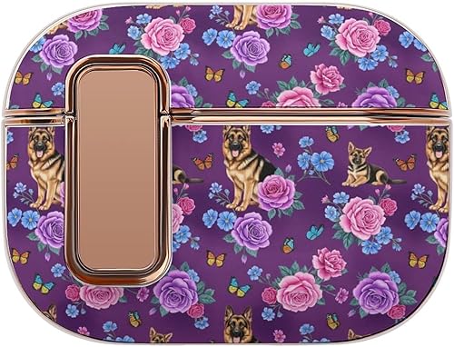 Portable Shockproof Cases Cover Compatible with Airpods Pro 2 Charging Case for Women Men with Lock, Rose Flowers German Shepherd Purple Pattern